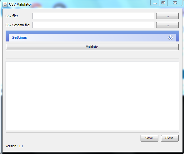 The basic GUI, boxes to enter file names for data and schema, 'Validate' button, text box for ouput