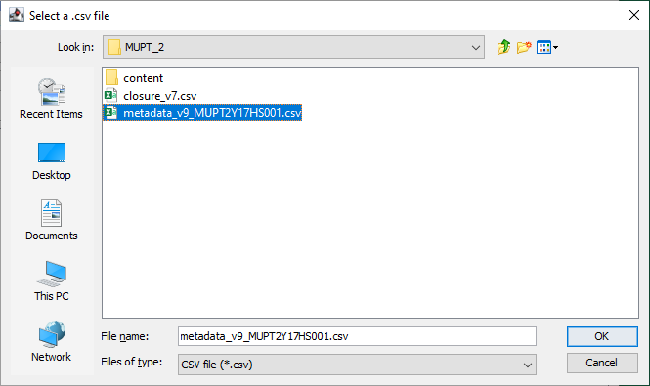 Standard file open dialog, with CSV file selected