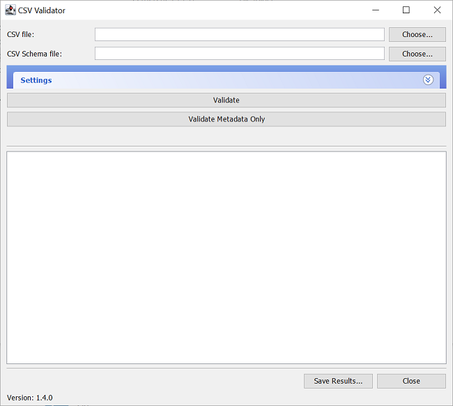 The basic GUI, boxes to enter file names for data and schema, 'Validate' button, text box for output