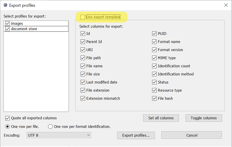 Export dialog