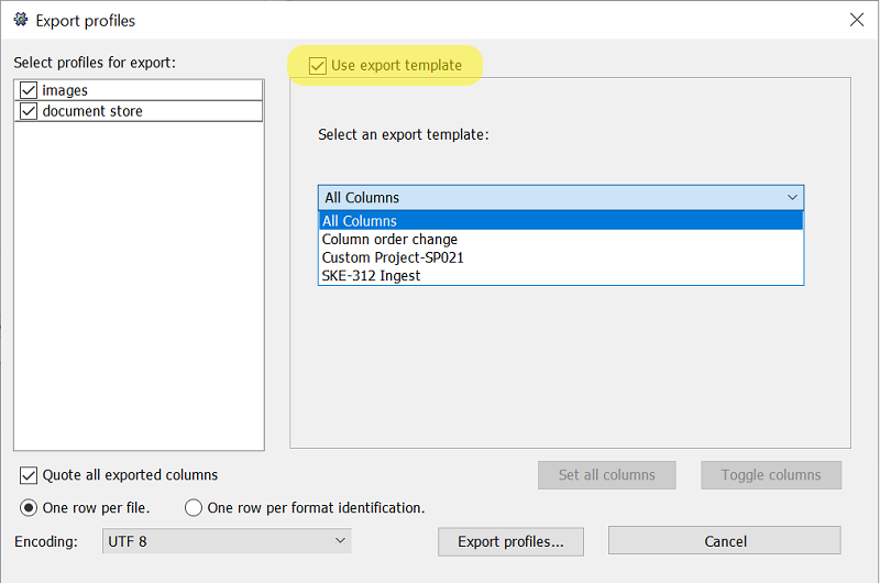Export dialog template